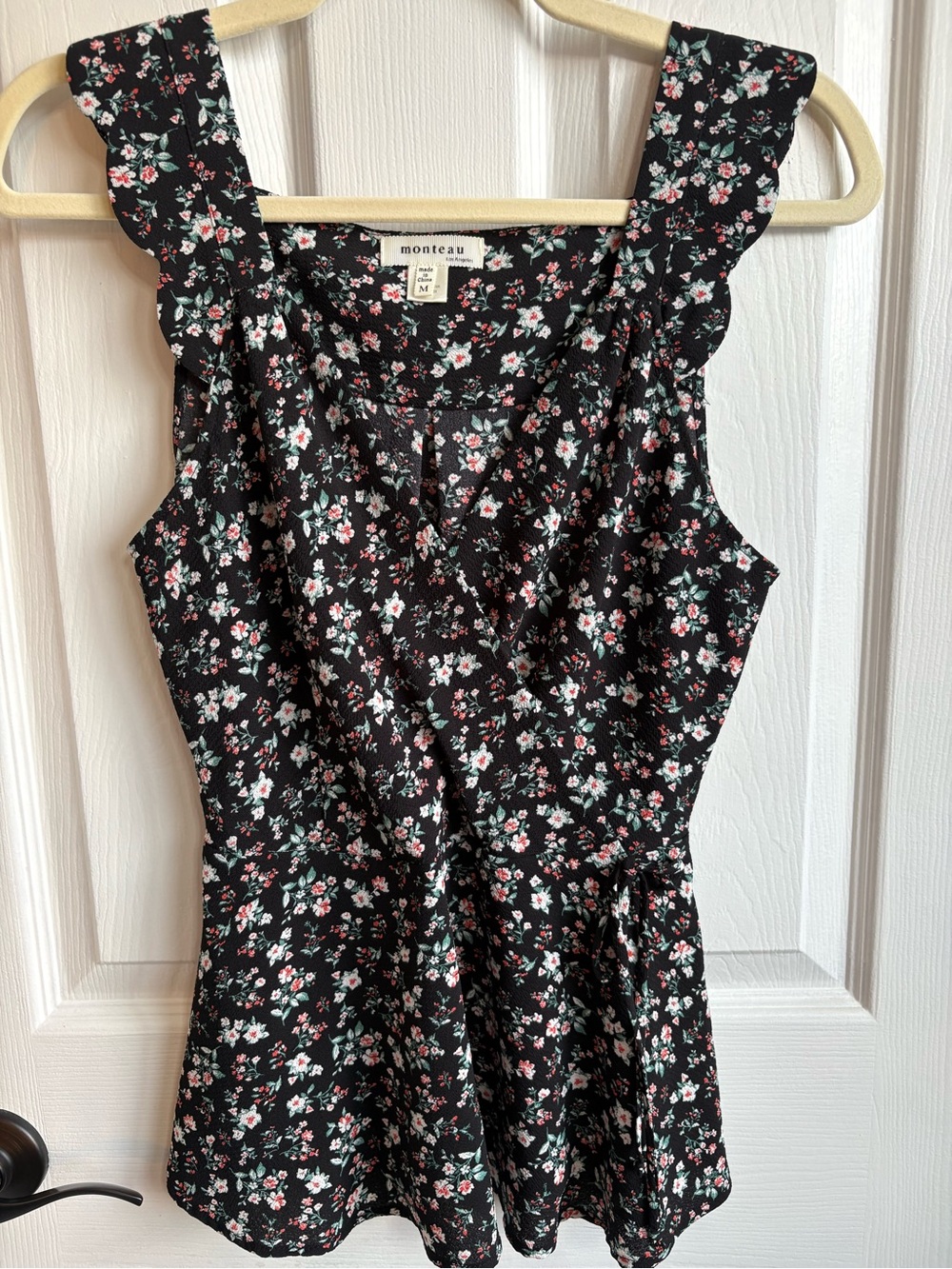 Monteau Black Floral Print Faux Wrap Peplum Ruffle-Strap Tank Top, Size Medium